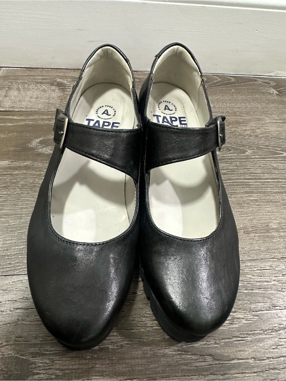TAPE Black Leather Mary Jane Flats-Made in Portugal-Confort Wedge-Sz EU39 (US8.5